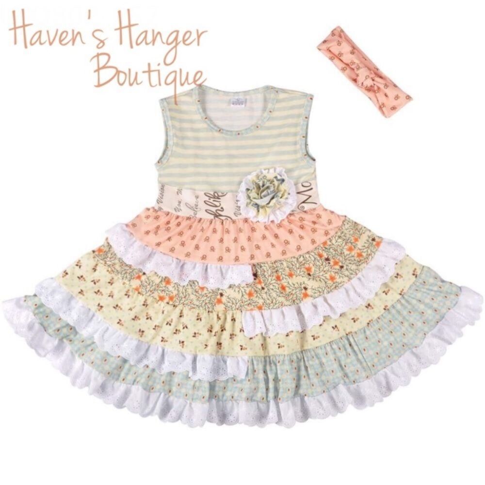 2pc. Ruffle Floral & Stripe Dress & Headband. Size 3T